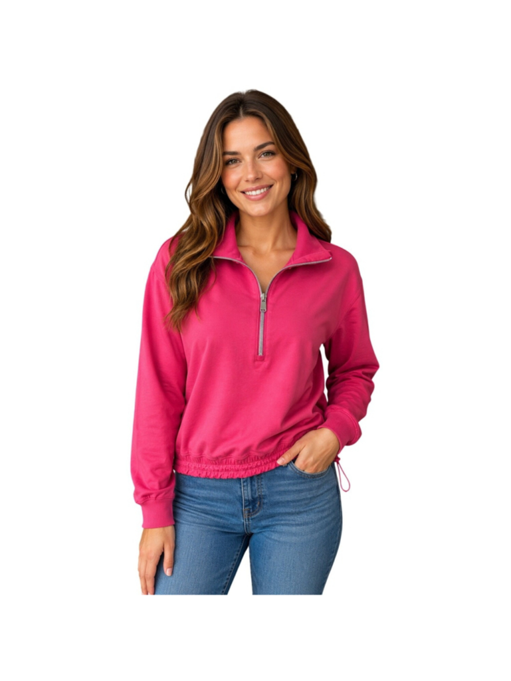 Athleta sz XS Triumph Hybrid Half Zip Sweatshirt hot pink active cinch bottom